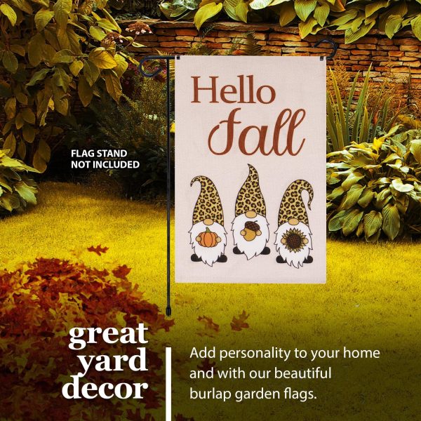 G128 Garden Flag Hello Fall Three Gnomes with Pumpkin Acorn Sunflower 12"x18" Burlap Fabric - Image 9