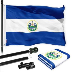 G128 Combo Pack: 6 Ft Tangle Free Spinning Flagpole (Black) & El Salvador Flag 3x5 Ft Printed 150D Polyester, Brass Grommets (Flag Included) Aluminum Flag Pole