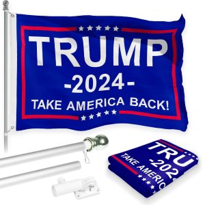 G128 Combo Pack: Flag Pole 6 FT Silver Tangle Free & Trump 2024 "Take America Back" Blue Flag 3x5 FT Printed 150D Polyester