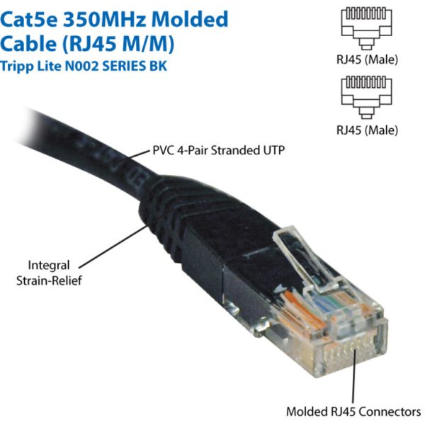 Eaton Tripp Lite Series Cat5e 350 MHz Molded (UTP) Ethernet Cable (RJ45 M/M), PoE - Black, 1 ft. (0.31 m) - Image 2