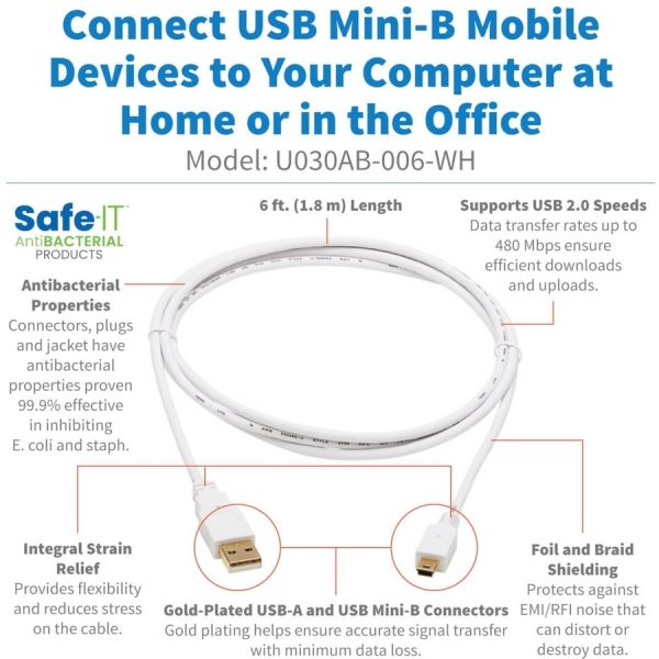 Eaton Tripp Lite Series Safe-IT USB 2.0 A to USB Mini-B Antibacterial Cable (M/M), White, 6 ft. (1.83 m) - Image 3