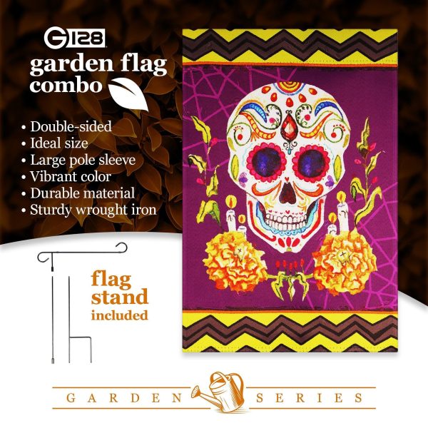 G128 Combo Pack: Garden Flag Stand Black 36 in x 16 in & Garden Flag Day of the Dead Decoration Sugar Skull 12"x18" Double-Sided Blockout Fabric - Image 7