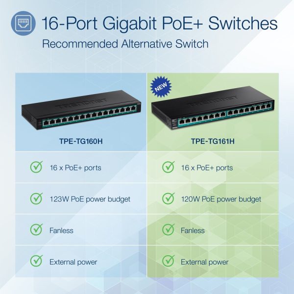 TRENDnet 16-Port Gigabit PoE+ Switch, 16 x Gigabit PoE+ Ports, 120W PoE Budget, Up to 30W Per Port, 1U 19" Rackmount Brackets Included, Fanless, Lifetime Protection, Black, TPE-TG161H - Image 2