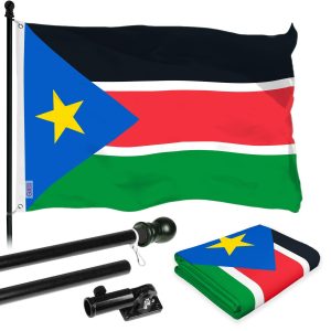 G128 Combo Pack: 6 Ft Tangle Free Aluminum Spinning Flagpole (Black) & South Sudan South Sudanese Flag 3x5 Ft, LiteWeave Pro Series Printed 150D Polyester | Pole with Flag Included