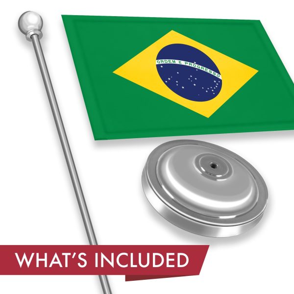 G128 Brazil Brazilian Deluxe Desk Flag Set | 8.5x5.5 In | Printed 300D Polyester, with Silver Dome and Base, 15" Metal Pole, Decorations For Office, Home and Festival Events Celebration - Image 2