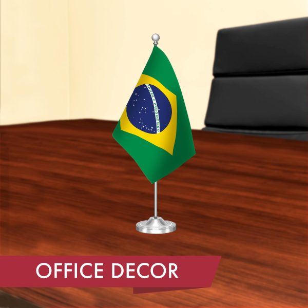 G128 Brazil Brazilian Deluxe Desk Flag Set | 8.5x5.5 In | Printed 300D Polyester, with Silver Dome and Base, 15" Metal Pole, Decorations For Office, Home and Festival Events Celebration - Image 4