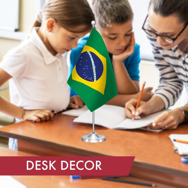 G128 Brazil Brazilian Deluxe Desk Flag Set | 8.5x5.5 In | Printed 300D Polyester, with Silver Dome and Base, 15" Metal Pole, Decorations For Office, Home and Festival Events Celebration - Image 5