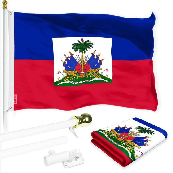 G128 Combo Pack: 6 Ft Tangle Free Spinning Flagpole (White) & Haiti Flag 3x5 Ft Printed 150D Polyester, Brass Grommets (Flag Included) Aluminum Flag Pole