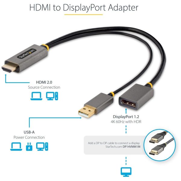 StarTech.com 1ft (30cm) HDMI to DisplayPort Adapter, 4K 60Hz HDR HDMI Source to DP Monitor, USB Bus Powered, HDMI 2.0 to DisplayPort 1.2 - Image 7