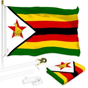 G128 Combo Pack: 6 Ft Tangle Free Aluminum Spinning Flagpole (White) & Zimbabwe Zimbabwean Flag 3x5 Ft, LiteWeave Pro Series Printed 150D Polyester | Pole with Flag Included
