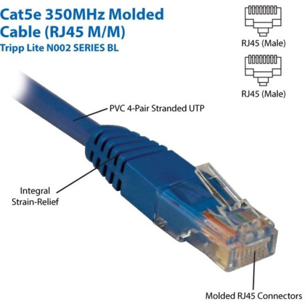 Eaton Tripp Lite Series Cat5e 350 MHz Molded (UTP) Ethernet Cable (RJ45 M/M), PoE - Blue, 3 ft. (0.91 m) - Image 2