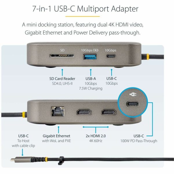 StarTech.com USB-C Multiport Adapter, Dual 4K 60Hz HDMI, 2-Port USB-A/USB-C 10Gbps Hub, 100W PD, GbE, SD, Travel Docking Station - Image 3