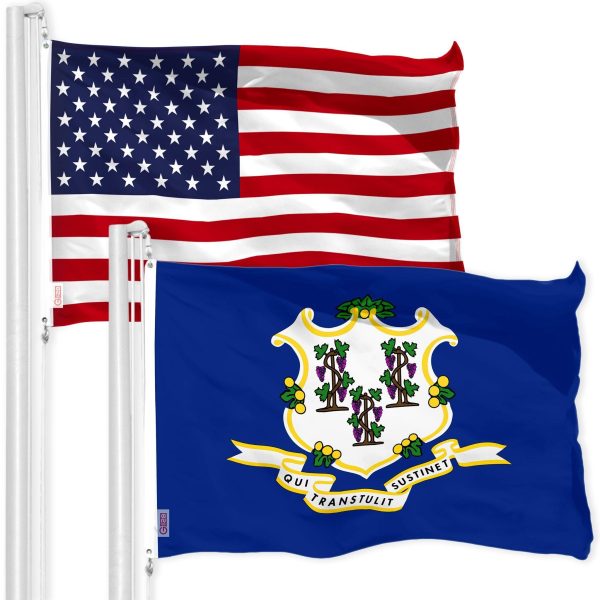 G128 Combo Pack: American USA Flag 3x5 Ft & Connecticut Flag 3x5 Ft, Both Printed 150D Polyester, Indoor/Outdoor, Brass Grommets