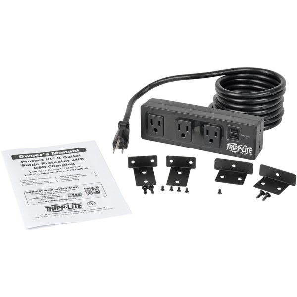 Eaton Tripp Lite Series Protect It! 3-Outlet Surge Protector with Mounting Brackets, 10 ft. Cord, 510 Joules, 2 USB Charging Ports, Black Housing - Image 6