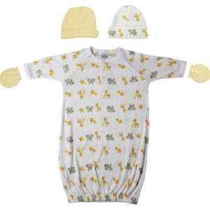 Preemie Baby Boy, Baby Girl, Unisex Printed Gown, Caps And Mittens - 4 Pc Nc_0247