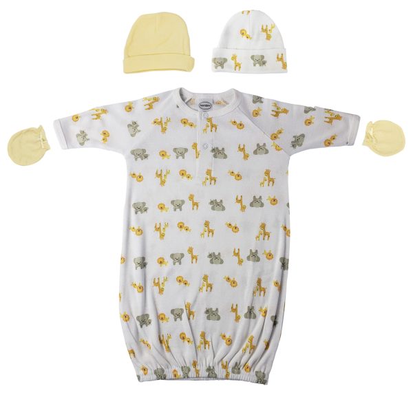 Preemie Baby Boy, Baby Girl, Unisex Printed Gown, Caps And Mittens - 4 Pc Nc_0247