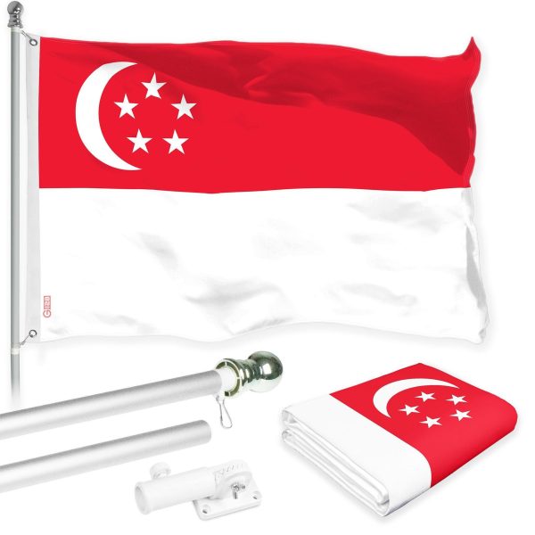 G128 Combo Pack: 6 Ft Tangle Free Aluminum Spinning Flagpole (Silver) & Singapore Singaporean Flag 3x5 Ft, LiteWeave Pro Series Printed 150D Polyester | Pole with Flag Included