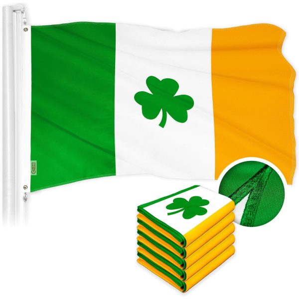 G128 5 Pack: Ireland Irish Shamrock Flag | 2x3 Ft | ToughWeave Series Embroidered 300D Polyester | Embroidered Design, Indoor/Outdoor, Brass Grommets