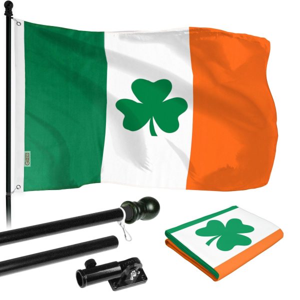 G128 - 6 Feet Tangle Free Spinning Flagpole (Black) Ireland SHAMROCK Brass Grommets Printed 3x5 ft (Flag Included) Aluminum Flag Pole
