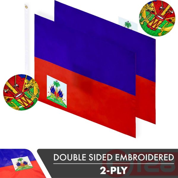 G128 3 PACK: Haiti Haitian Flag 3x5 Ft Double Sided Embroidered 210D Indoor/Outdoor, Brass Grommets, Heavy Duty Polyester - Image 2