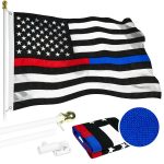 G128 - 6 Feet Tangle Free Spinning Flagpole (White) Thin Blue&Red Line Flag Brass Grommets Spun Polyester 3x5 ft (Flag Included) Aluminum Flag Pole