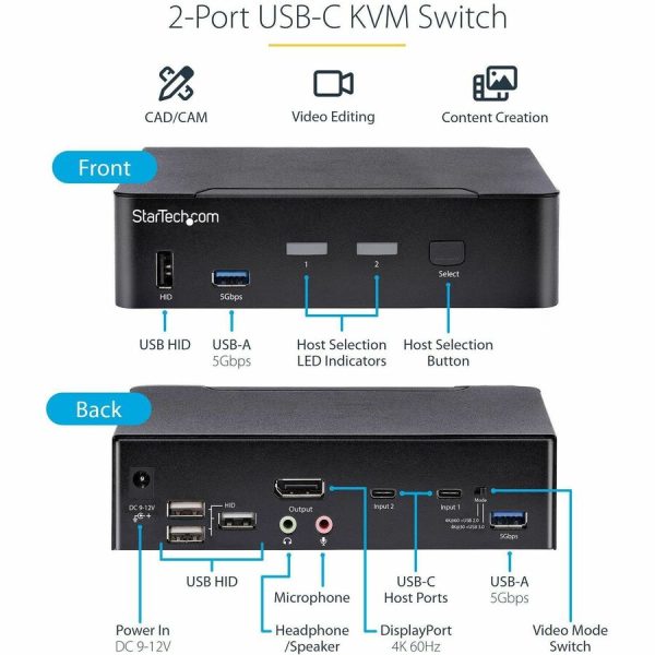 StarTech.com USB-C KVM Switch, 2 Port DisplayPort KVM w/ 4K 60Hz UHD HDR Video, 3.5mm Audio, USB Type-C KVM Switch, 6x USB Hub Ports, Thunderbolt 3/4 Compatible - Hot Key Switching - Image 3