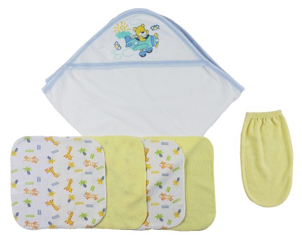 Blue Hooded Towel, Washcloths And Hand Washcloth Mitt - 6 Pc Set  Cs_0009