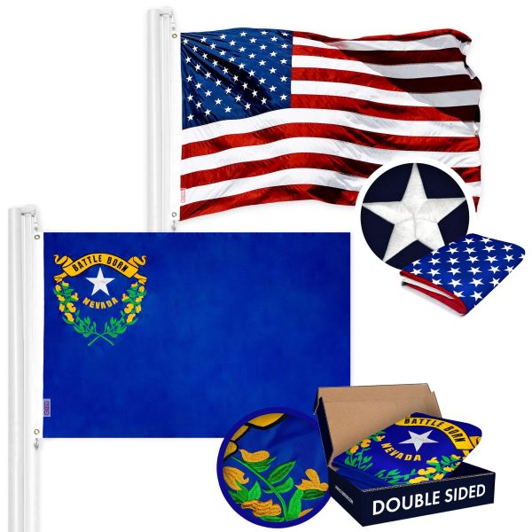 G128 Combo Pack: USA American Flag 3x5 Ft Embroidered Stars & Nevada State Flag 3x5 Ft Embroidered Double Sided 2ply
