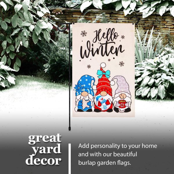 G128 Combo Pack: Garden Flag Stand Black 36 in x 16 in & Garden Flag Hello Winter Decoration Three Cozy Gnomes 12"x18" Double-Sided Burlap Fabric - Image 6