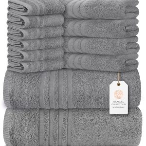 12 Piece Bath Towel Set for Bathroom   Wealuxe Collection 2 Bath Towels 4 Hand Towels 6 Washcloths 100% Cotton Soft and Plush Highly Absorbent Soft Towel for Hotel & Spa   Light Gray