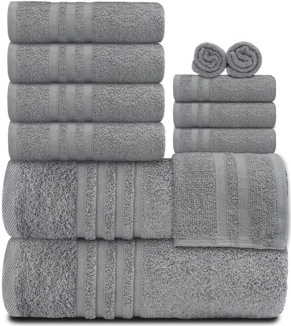 12 Piece Bath Towel Set for Bathroom   Wealuxe Collection 2 Bath Towels 4 Hand Towels 6 Washcloths 100% Cotton Soft and Plush Highly Absorbent Soft Towel for Hotel & Spa   Light Gray - Image 2