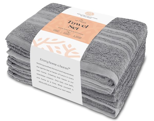 12 Piece Bath Towel Set for Bathroom   Wealuxe Collection 2 Bath Towels 4 Hand Towels 6 Washcloths 100% Cotton Soft and Plush Highly Absorbent Soft Towel for Hotel & Spa   Light Gray - Image 7