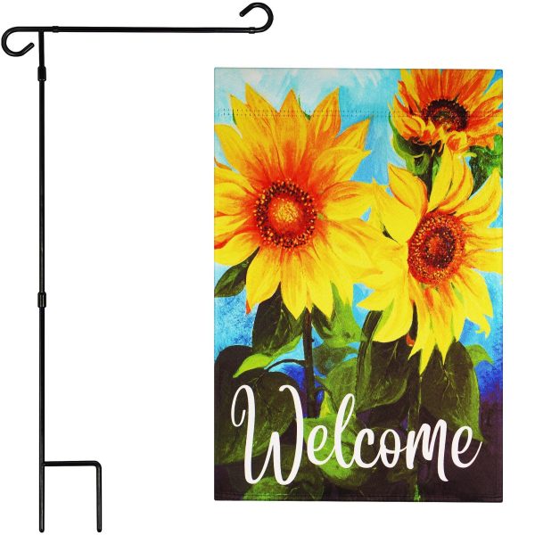 G128 Combo Pack: Garden Flag Stand Black 36 in x 16 in & Garden Flag Summer Decoration Welcome Sunflowers Blue Sky 12"x18" Double-Sided Blockout Fabric