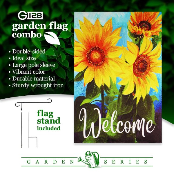 G128 Combo Pack: Garden Flag Stand Black 36 in x 16 in & Garden Flag Summer Decoration Welcome Sunflowers Blue Sky 12"x18" Double-Sided Blockout Fabric - Image 7