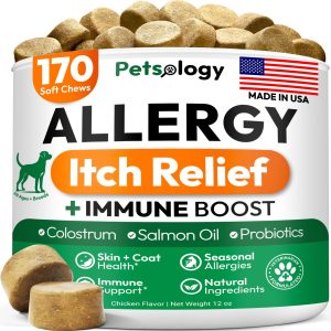 Dog Allergy Relief Chews   170 Dog Allergy Chews   Itch Relief for Dogs   Omega 3 Fish Oil Probiotics For Itchy Skin & Hot Spots Allergies Paw Licking   Dry Skin & Coat Supplement   Immune Health