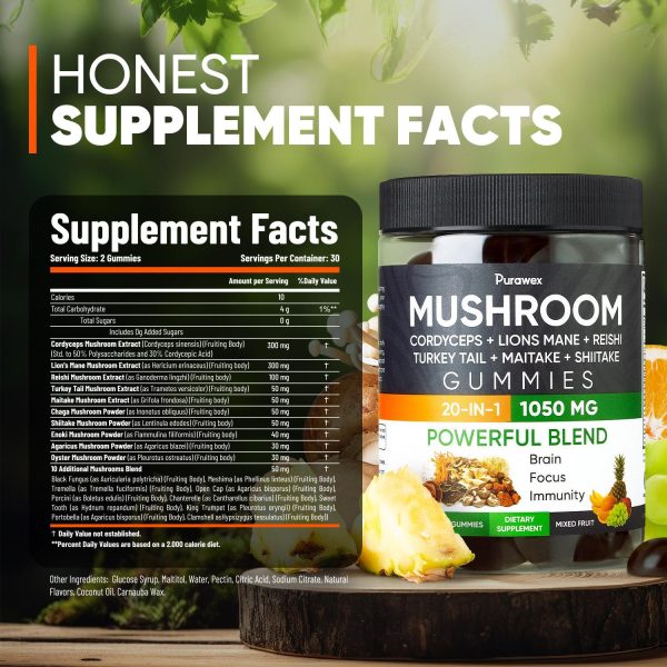 Purawex Mushroom Gummies, 20 in 1 Mushroom Complex 1050 MG, Cordyceps, Reishi, Turkey Tail, Maitake, Shiitake, Lion Mane Mushroom Supplement for Immune, Focus, Energy Support, Sugar Free, Vegan - Image 2