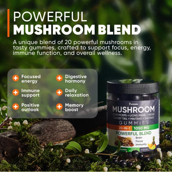 Purawex Mushroom Gummies, 20 in 1 Mushroom Complex 1050 MG, Cordyceps, Reishi, Turkey Tail, Maitake, Shiitake, Lion Mane Mushroom Supplement for Immune, Focus, Energy Support, Sugar Free, Vegan - Image 3