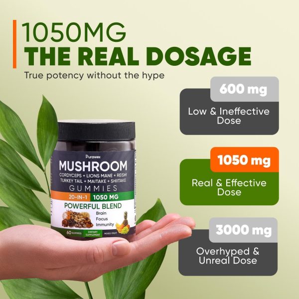 Purawex Mushroom Gummies, 20 in 1 Mushroom Complex 1050 MG, Cordyceps, Reishi, Turkey Tail, Maitake, Shiitake, Lion Mane Mushroom Supplement for Immune, Focus, Energy Support, Sugar Free, Vegan - Image 5