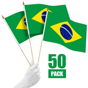 G128 50 Pack Handheld Brazil Brazilian Stick Flags | 12x18 In | Printed 150D Polyester, Country Flag, Solid Wooden Stick, Spear Gold Tip