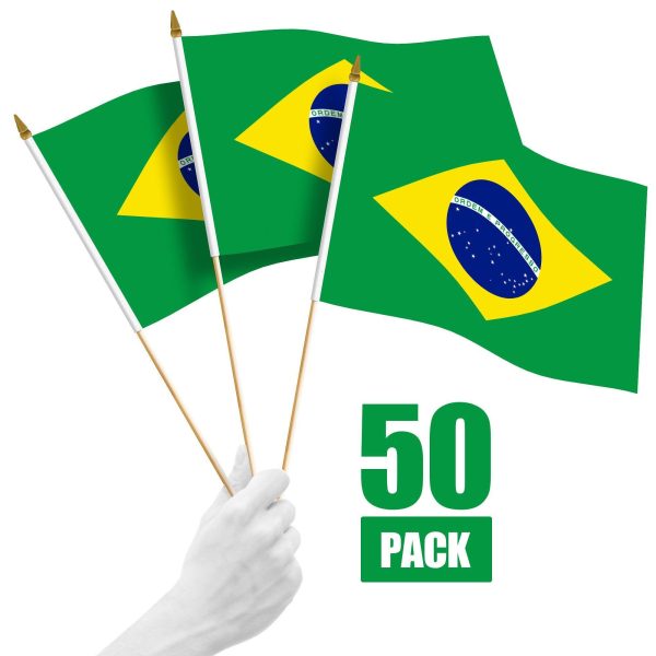 G128 50 Pack Handheld Brazil Brazilian Stick Flags | 12x18 In | Printed 150D Polyester, Country Flag, Solid Wooden Stick, Spear Gold Tip