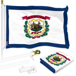 G128 Combo Pack: 6 Ft Tangle Free Spinning Flagpole (White) & West Virginia Flag 3x5 Ft Printed 150D Polyester, Brass Grommets (Flag Included) Aluminum Flag Pole