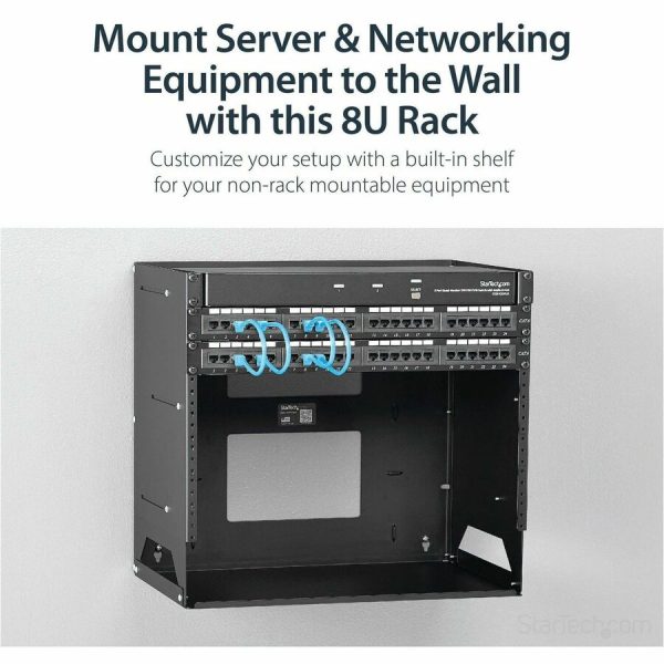 StarTech.com 2-Post 8U Open Frame Wall Mount Network Rack with Built-in Shelf and Adjustable Depth, Computer Rack for IT Equipment, TAA~ - Image 2