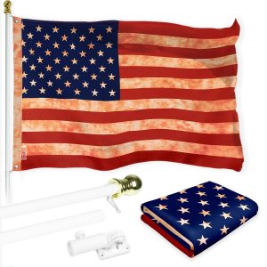 G128 Combo Pack: 6 Ft Tangle Free Aluminum Spinning Flagpole (White) & American USA Tea-Stained Flag 3x5 Ft, LiteWeave Pro Series Printed 300D Polyester | Pole with Flag Included