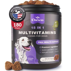 Dog Vitamins 15 in 1   Dog Multivitamin Chews with MSM for Hip & Joint Health   Dog Supplement for Itchy Skin Relief   Multivitamin for Dogs Immune Support with Enzymes   Skin & Coat Mobility Support