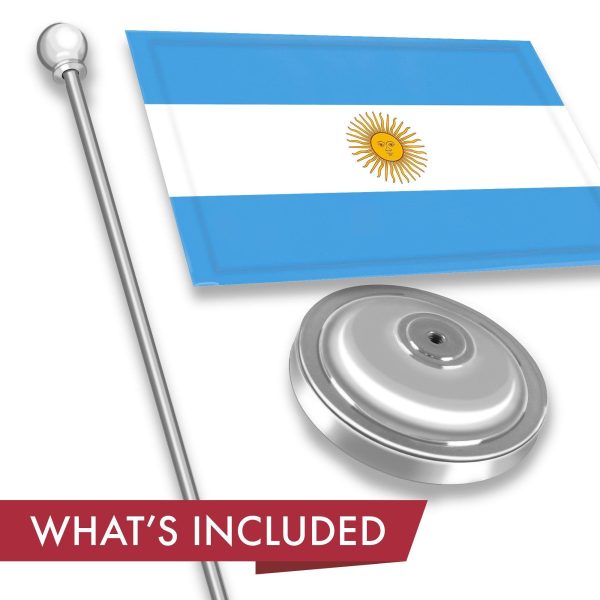 G128 Argentina Argentinian Deluxe Desk Flag Set | 8.5x5.5 In | Printed 300D Polyester, with Silver Dome and Base, 15" Metal Pole, Decorations For Office, Home and Festival Events Celebration - Image 2