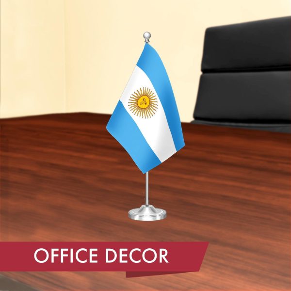 G128 Argentina Argentinian Deluxe Desk Flag Set | 8.5x5.5 In | Printed 300D Polyester, with Silver Dome and Base, 15" Metal Pole, Decorations For Office, Home and Festival Events Celebration - Image 4
