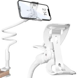 Cell Phone Holder for Bed Gooseneck Bedside Phone Holder Laying Down with Adjustable 360 Clamp Clip and Flexible Long Arm Phone Holder for Desk Stand and Mount Compatible with iPhone 14 (White)