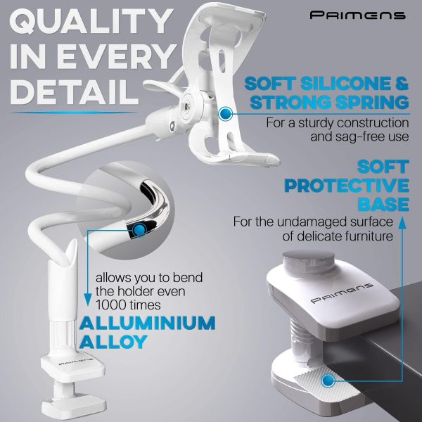 Cell Phone Holder for Bed Gooseneck Bedside Phone Holder Laying Down with Adjustable 360 Clamp Clip and Flexible Long Arm Phone Holder for Desk Stand and Mount Compatible with iPhone 14 (White) - Image 2
