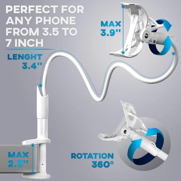 Cell Phone Holder for Bed Gooseneck Bedside Phone Holder Laying Down with Adjustable 360 Clamp Clip and Flexible Long Arm Phone Holder for Desk Stand and Mount Compatible with iPhone 14 (White) - Image 3