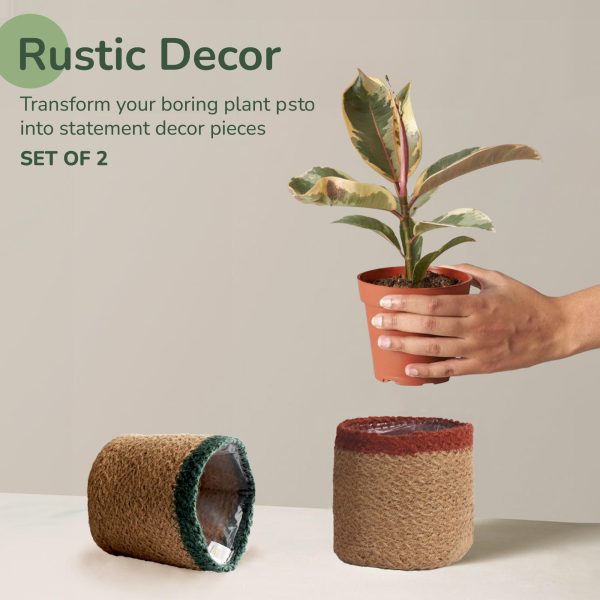 Jute Planter Basket Woven Jute Rope Covers for Decorating Indoor Outdoor Succulents Small Plant Pots Set of 2 Multi Purpose Storage Bins 4.5 in   Modern Style Décor   Red Green & Natural - Image 2